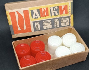 Vintage checkers set Russian red and white checkers Retro checkers Plastic checkers Russian checkers Checkers Travel game Travel