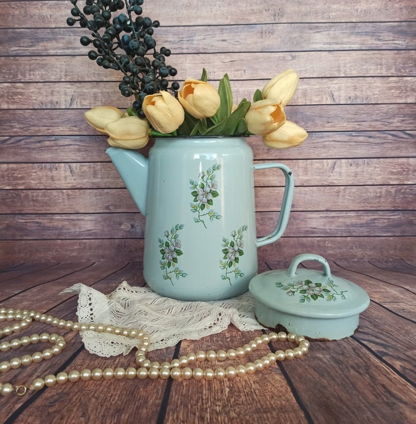 Emaille Milchkanne Kaffeekanne Retro Metall Blumenvase Vintage Home Dekor Landhaus Küche Dekor Rustikal Emailleware Alte Milchkanne