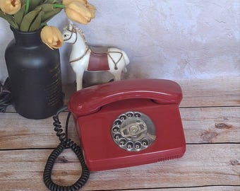 Retro office decor Old Red phone Vintage Home decor Vintage telephone Desk phone Dial disc phone Telephone USSR