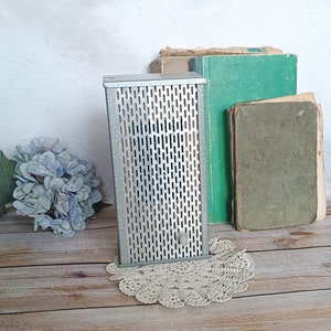 Puede incluir: Un rallador de metal plateado con forma rectangular y frontal perforado. El rallador está sobre un tapete color crema. Un ramo de flores azules y varios libros antiguos se encuentran en el fondo.