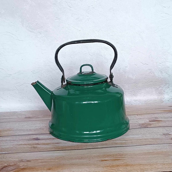 Antique enamel teapot 1950 USSR Green teapot Vintage home decor Vintage large teapot Retro kitchen