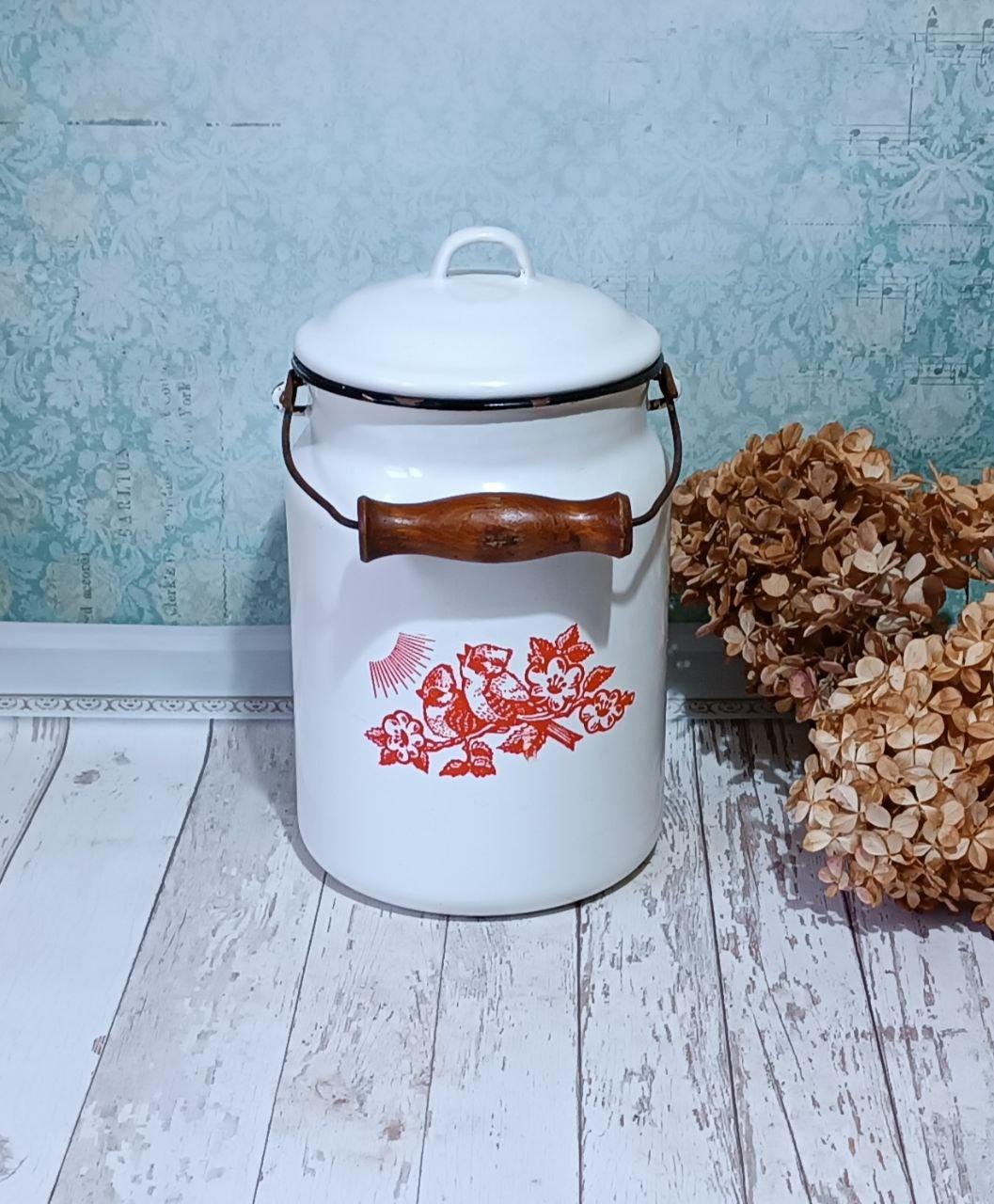 Enamel Milk Canister White Enameled Jar Country Kitchen Decor