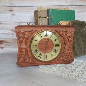Vintage 70s Vintage Home decor Retro Clock the USSR Vintage decor Wooden mantel clock Suitcase table clock Mechanical desk wind up clock image 1