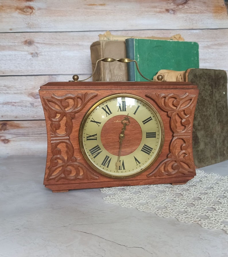 Vintage 70s Vintage Home decor Retro Clock the USSR Vintage decor Wooden mantel clock Suitcase table clock Mechanical desk wind up clock image 1