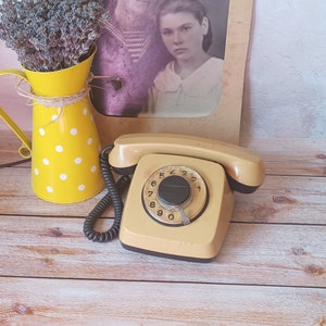 Vintage Yellow telephone Retro office decor Old phone Vintage Home decor Desk phone Dial disc phone Telephone USSR