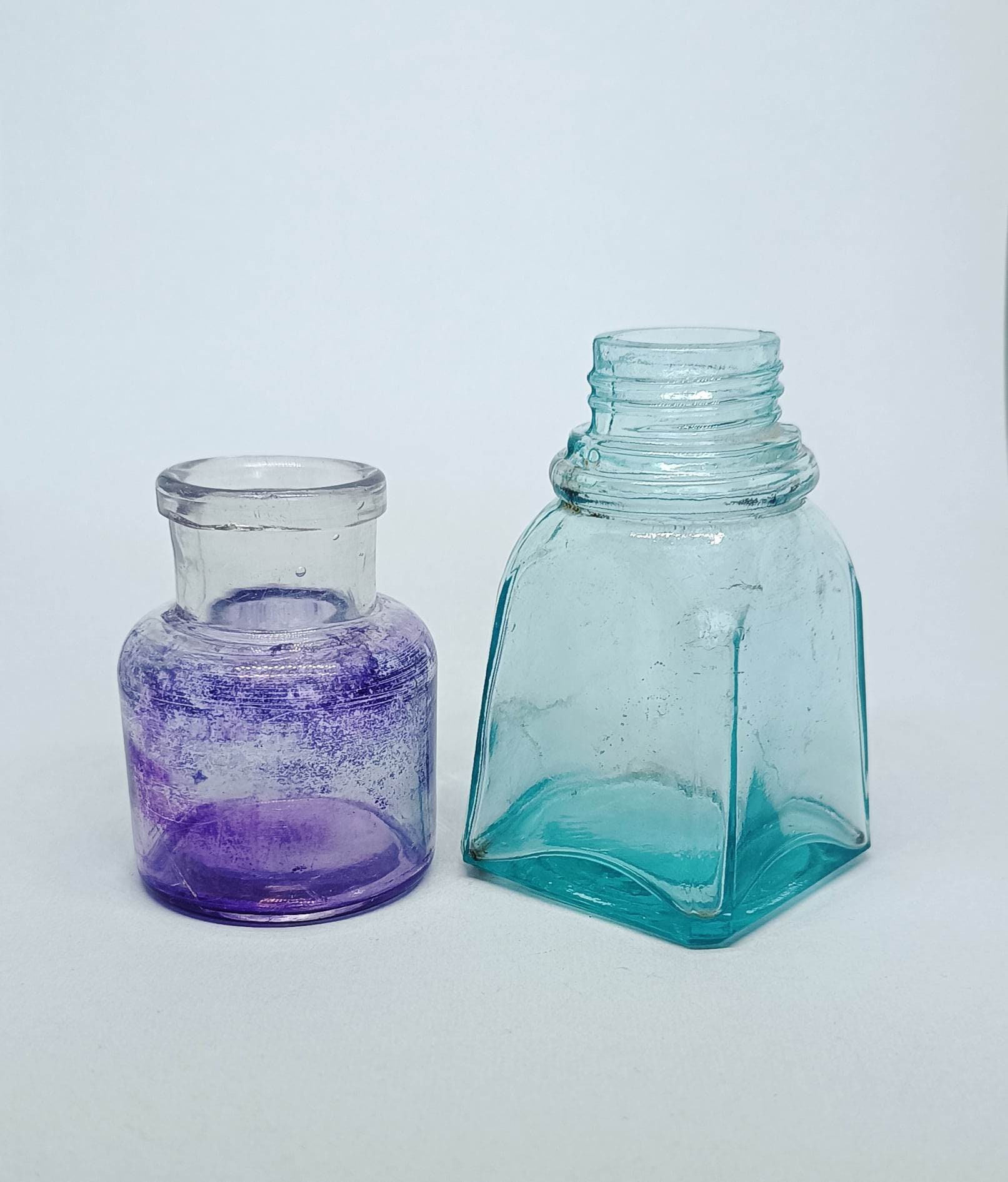 セットアンティークインク壺ボトルブルーガラスヴィンテージ装飾レトロ