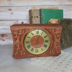 Vintage 70s Vintage Home decor Retro Clock the USSR Vintage decor Wooden mantel clock Suitcase table clock Mechanical desk wind up clock image 2