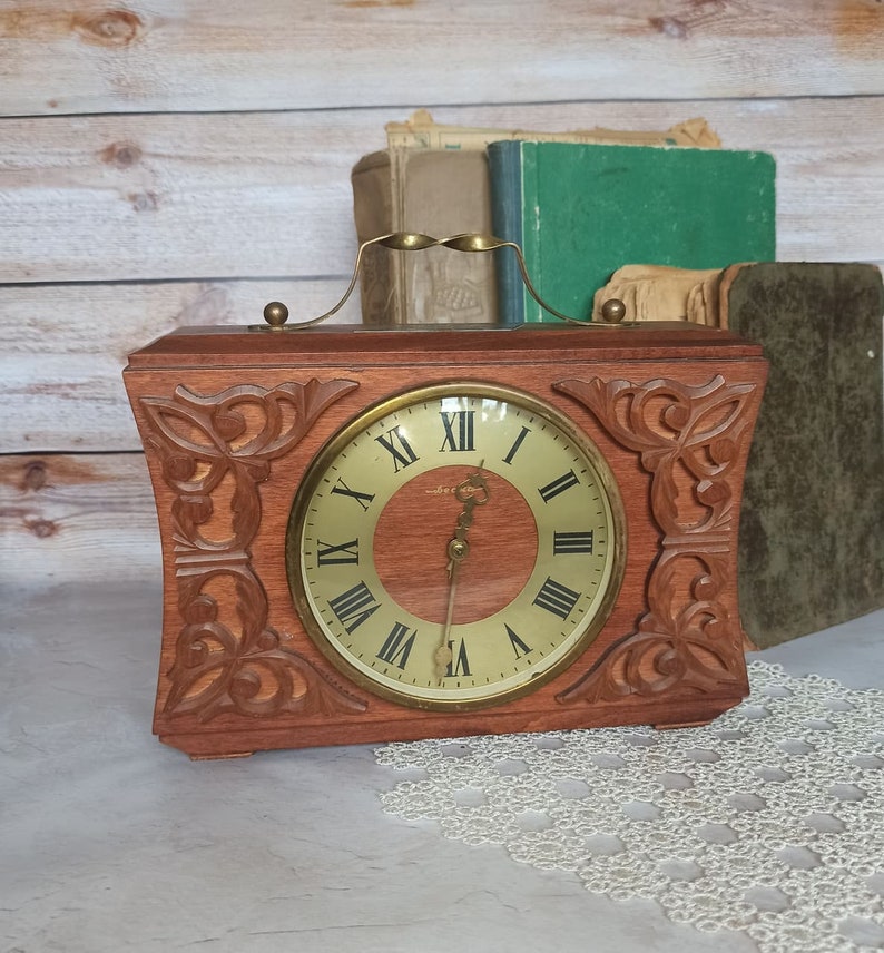 Vintage 70s Vintage Home decor Retro Clock the USSR Vintage decor Wooden mantel clock Suitcase table clock Mechanical desk wind up clock image 2