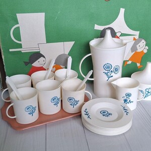 以下が含まれることがあります： 青い花柄の白いプラスチック製の子供用ティーセット。セットには、ティーポット、クリーマー、シュガーボウル、カップ6個、ソーサー6個、スプーン6個が含まれています。