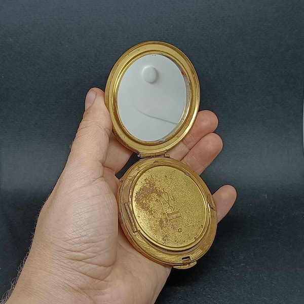 Compacto en polvo vintage "Lenemal'er". Caja de polvo recargable de latón con espejo, compacto espejado, espejo de tocador, regalo para ella, coleccionable