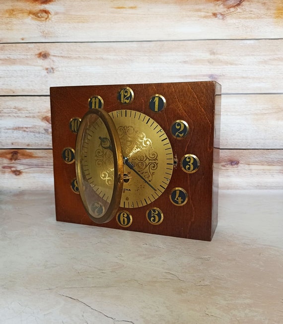50s Wood＆Brass clock Vintage 70s Wall Clock Mantel Clock Vintage Home Decor Retro Clock