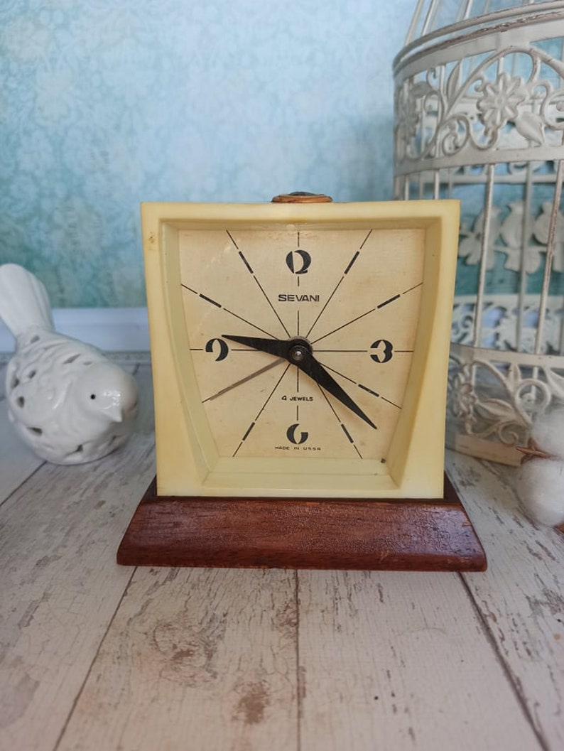 Retro Clock the USSR Vintage decor Soviet alarm clock Vintage 60s Vintage Home decor Turquoise table clock Mechanical desk wind up clock image 2