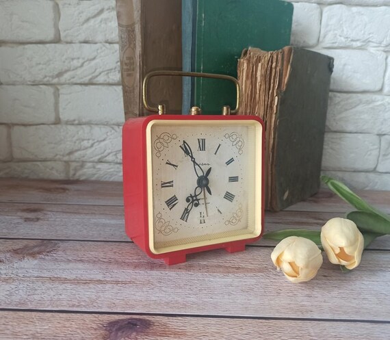 Antique clock 1975 Vintage decor Soviet alarm clock Turquoise table clock Mechanical desk wind up clock Vintage Home decor Retro Clock USSR