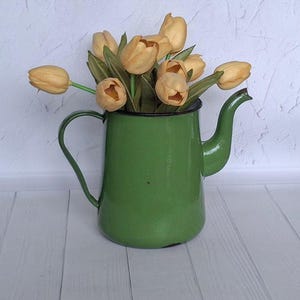 Puede incluir: Una jarra verde de esmalte llena de tulipanes amarillos. La jarra tiene un asa y un pico curvos, y las flores están dispuestas para crear una exhibición completa y vibrante. El fondo es una pared blanca texturizada y una superficie de madera clara.