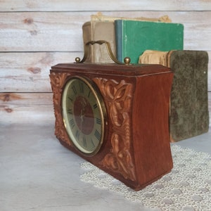 Vintage 70s Vintage Home decor Retro Clock the USSR Vintage decor Wooden mantel clock Suitcase table clock Mechanical desk wind up clock image 3
