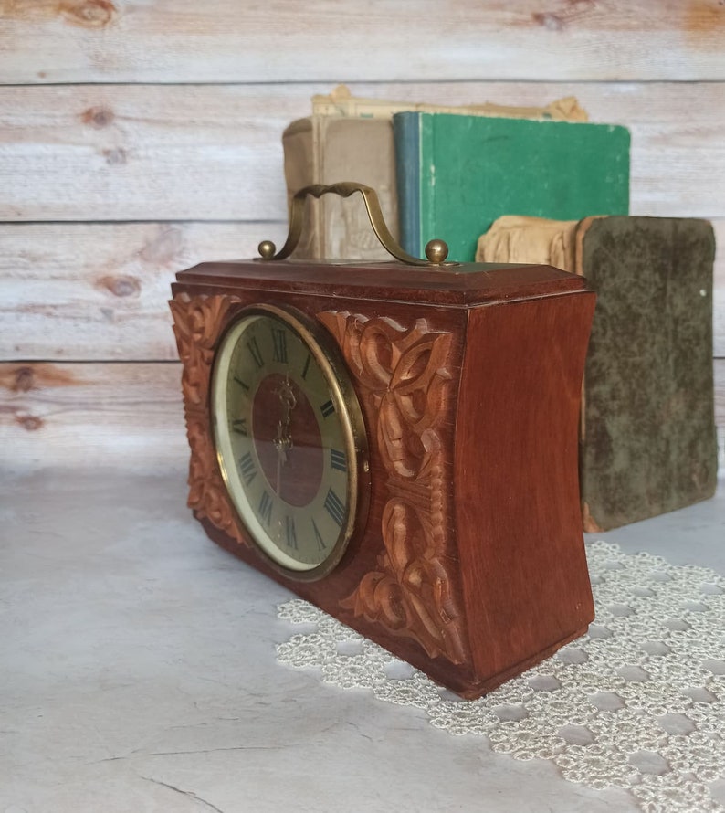 Vintage 70s Vintage Home decor Retro Clock the USSR Vintage decor Wooden mantel clock Suitcase table clock Mechanical desk wind up clock image 3