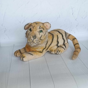 Vintage Tiger stuffed animal figure - Cuddly German plush soft toy early 1950&#39;s lying tiger, vintage cat, green eyes