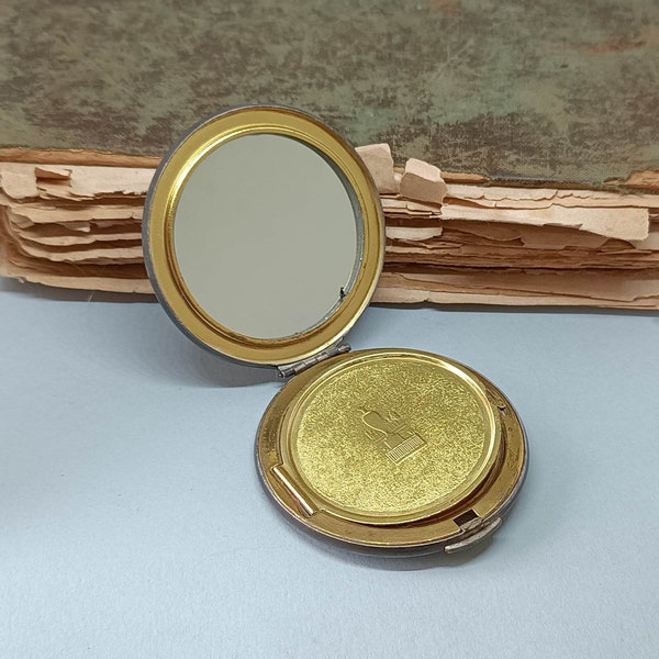 Vintage Powder Compact "Lenemal'er", Caja de polvo recargable de latón con espejo, Compacto espejado, Espejo de tocador, Regalo para ella, Coleccionable