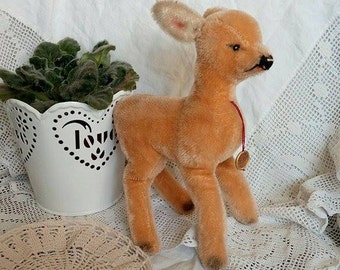 Hermann Fawn Deer Standing Mohair Plush 20cm 8in Swing Tag ID 1960s Glass Eyes