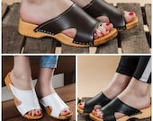 Swedish Open Toe Clogs For Women - Handmade Black White Brown Leather Sandals Wooden Soles - Ladies Wood Sweden Shoes - Many Sizes