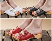Swedish sandals for women, Wood and leather Open toe clogs women, Red Black White women sandals with wooden soles