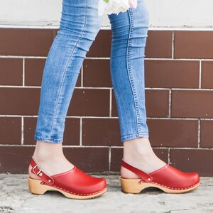 Swedish Red Leather Clogs, Women Moccasins Low Heel Clogs Shoes ...