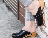 Swedish Leather Clogs For Women - Handmade Black Sandals With Wooden Soles - Ladies Wood Sweden Slip On Shoes - UK Size 3 4 5 6 7 8