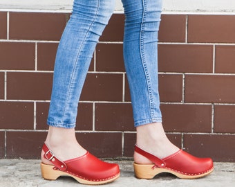 Red Leather Swedish Clogs, Low Heel Women Clogs Sandals, Wooden Moccasins Clogs, Clogs and Mules, Clogs boots, Classic Clogs Shoes