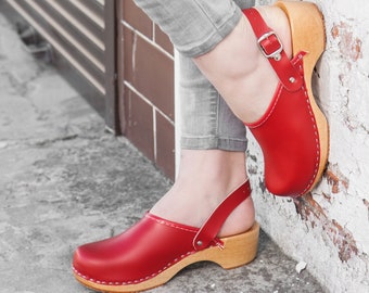 Swedish Red Leather Classic Clogs, Handmade Wooden Low Heel Clogs Sandals, Women Moccasins Clogs and Mules, Straps Clogs Boots Shoes