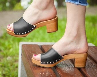 Sabots suédois à talons hauts noirs pour femmes, sandales mules en bois, chaussures sabots ouverts dames, sabots sandales pantoufles, chaussures en cuir faites à la main