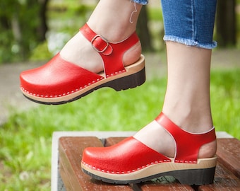 Swedish Red Leather Clogs Sandals, Clogs with Straps, Women Low Heel Clogs Shoes, Mary Jane Sandals, Clogs Mules, Handmade Clogs Boots