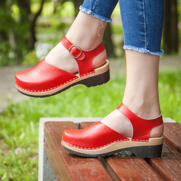 Swedish Red Leather Clogs Sandals, Clogs with Straps, Women Low Heel Clogs Shoes, Mary Jane Sandals, Clogs Mules, Handmade Clogs Boots