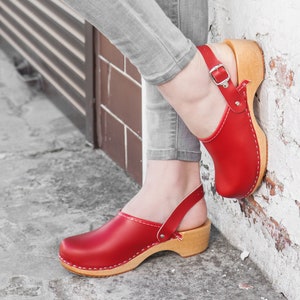Swedish Red Leather Classic Clogs, Handmade Wooden Low Heel Clogs Sandals, Women Moccasins Clogs and Mules, Straps Clogs Boots Shoes
