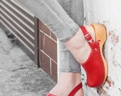 Swedish Leather Clogs For Women - Handmade Red Sandals With Wooden Soles - Ladies Wood Sweden Shoes With Strap - UK Size 3 4 5 6 7 8