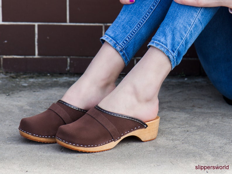 Brown women clogs casual wear Velour clogs for women Leather | Etsy