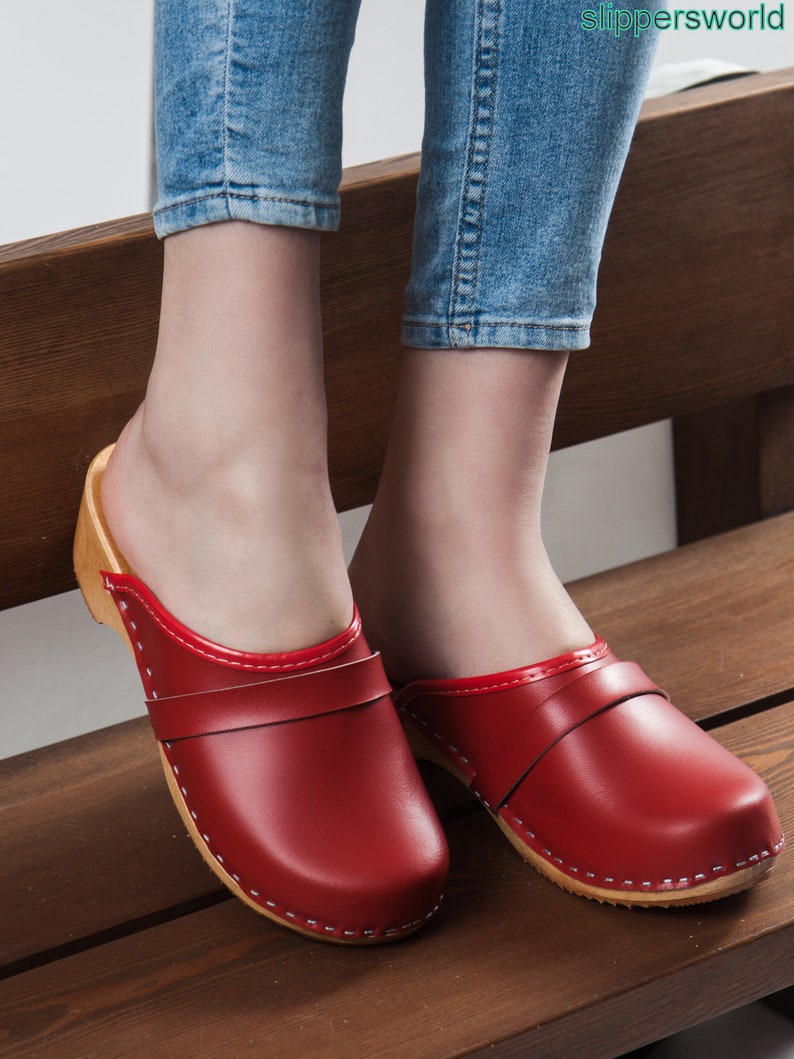 Red Leather Swedish Clogs Sandal Clogs Women Wooden Clogs Etsy 