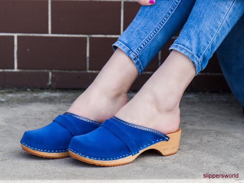 Blue Velour clogs for women Swedish women clogs wood and | Etsy