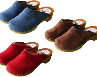 Swedish Low Heel Wooden Clogs, Handmade Leather Moccasins Clogs, Women Clogs and Mules Sandals, Velour Leather Clogs Shoes, Gift for Her