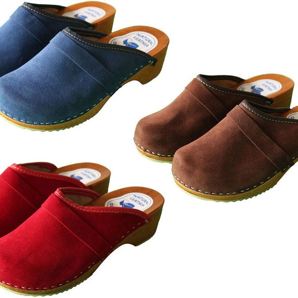 Swedish Low Heel Wooden Clogs, Handmade Leather Moccasins Clogs, Women Clogs and Mules Sandals, Velour Leather Clogs Shoes, Gift for Her