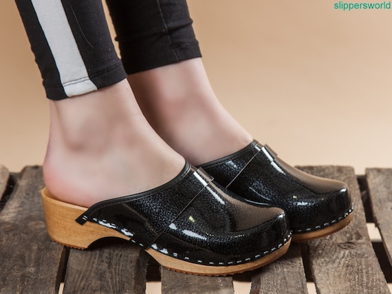 patent leather clogs