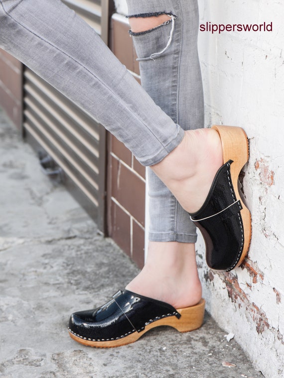 black clogs wooden sole