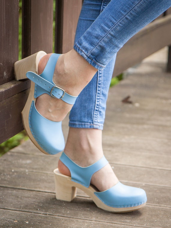 Pastel blue high heel sandals for women Swedish wooden | Etsy