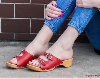 Swedish Red Leather Clogs Slip On, Open Toe Wood Moccasins Women Sandals, Handmade Low heel Clogs Shoes, Clogs and Mules Gift for Her