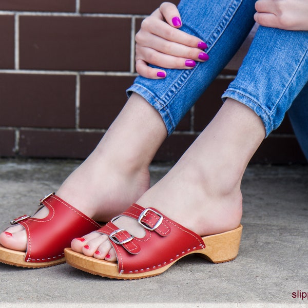 Swedish Red Leather Clogs Slip On, Open Toe Wood Moccasins Women Sandals, Handmade Low heel Clogs Shoes, Clogs and Mules Gift for Her