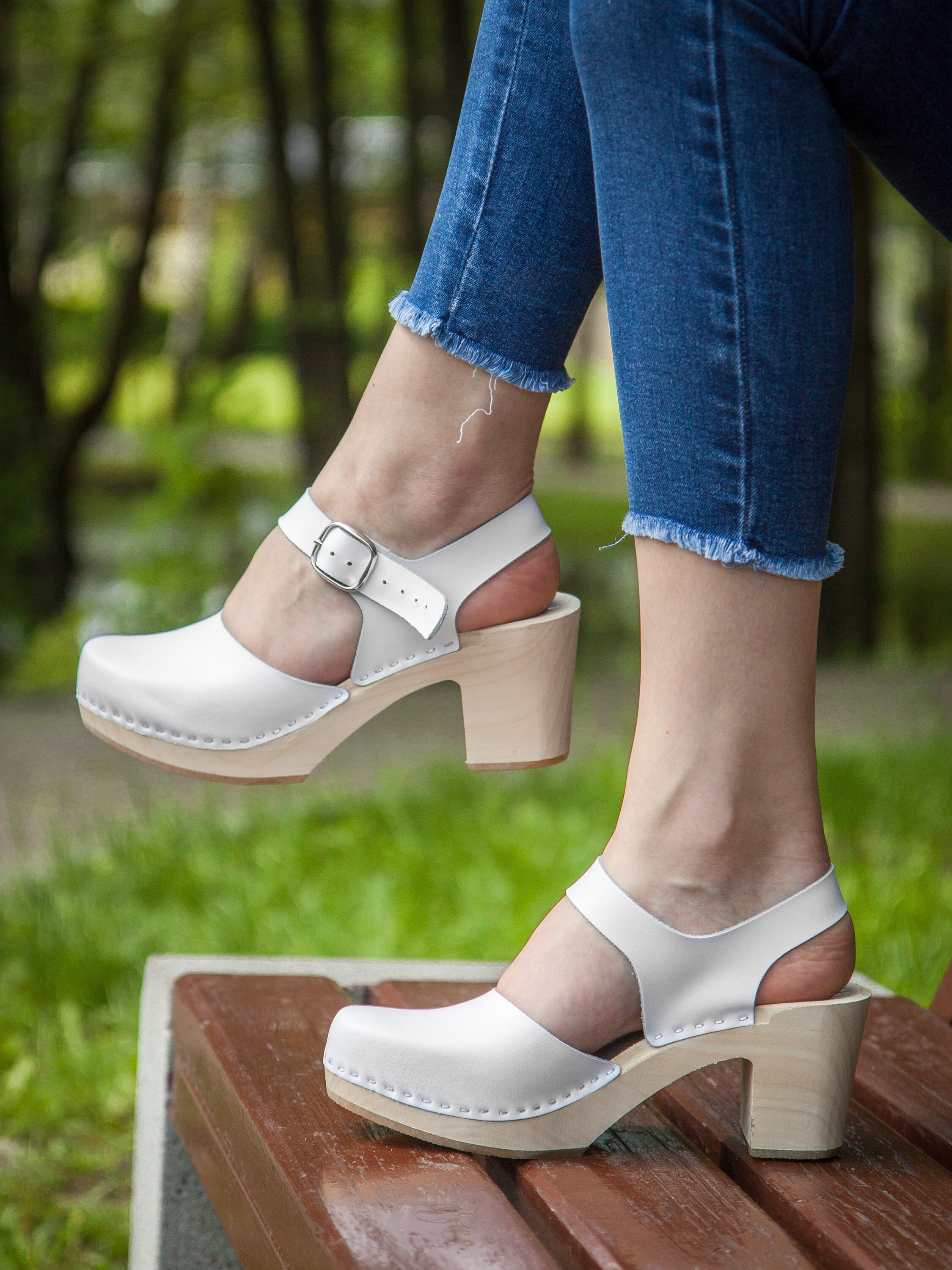 white clog heels