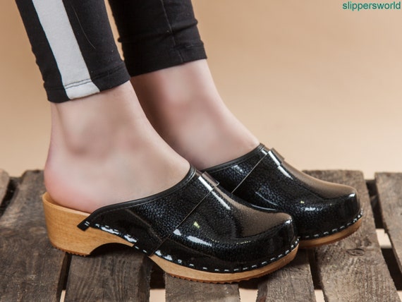 Swedish Black Leather Clogs Low Heel Women Clogs Handmade Wooden Clogs Shoes Clogs Sandals Boots Clogs and Mules Gift for Her