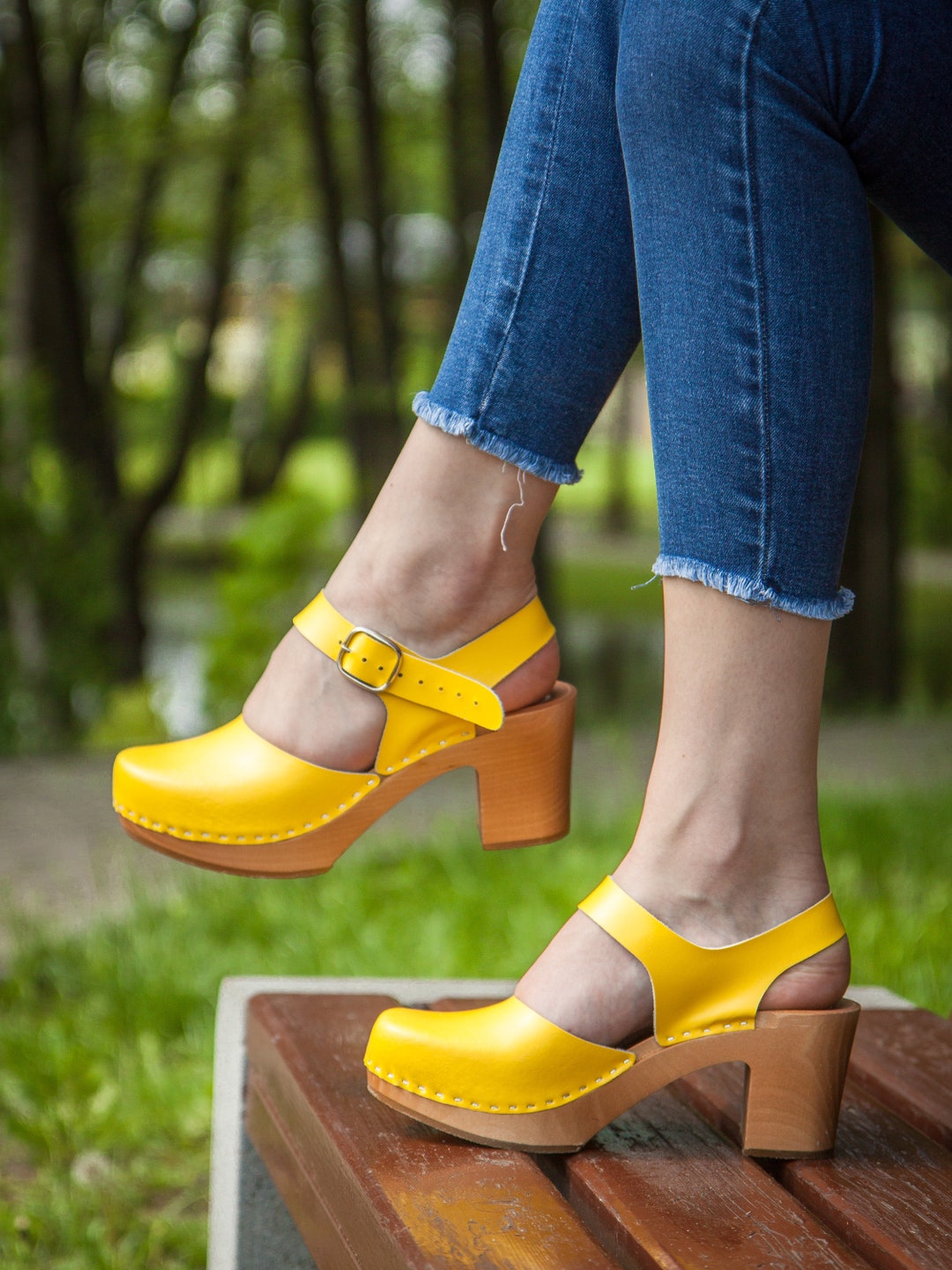Swedish Yellow Leather Clogs Sandals, High Heel Women Strap Sandals
