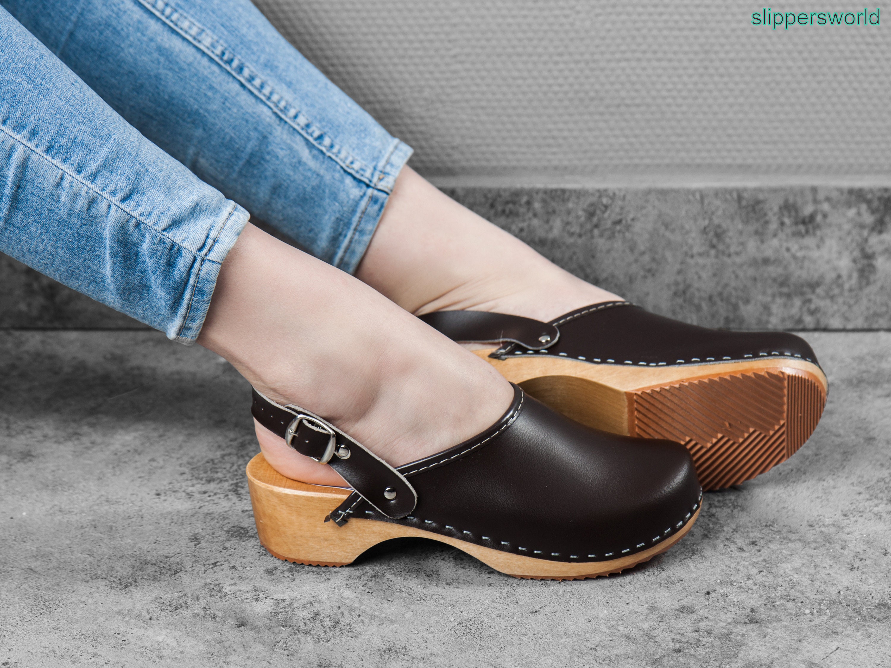 brown clogs with strap