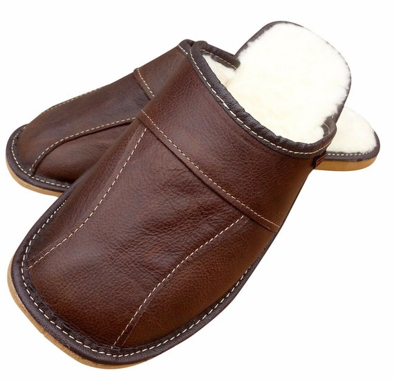 Brown Leather Men S Sheepskin Slippers Mens Slippers House Shoes For Father Boyfriend Gift Ideas Winter House Shoes For Men Dad Gift