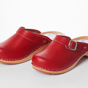 Swedish Red Leather Classic Clogs, Handmade Wooden Low Heel Clogs ...